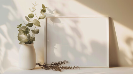 Minimalist Frame and White Vase with Eucalyptus Leaves in Sunlight