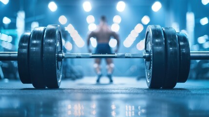 Fototapeta premium Male weightlifter preparing to lift heavy barbell in a modern gym, background lights creating a focused and intense atmosphere.