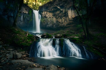 Fototapeta premium A beautiful waterfall cascades over rocky terrain, surrounded by lush greenery. The water flows powerfully, creating a stunning display of natures beauty.
