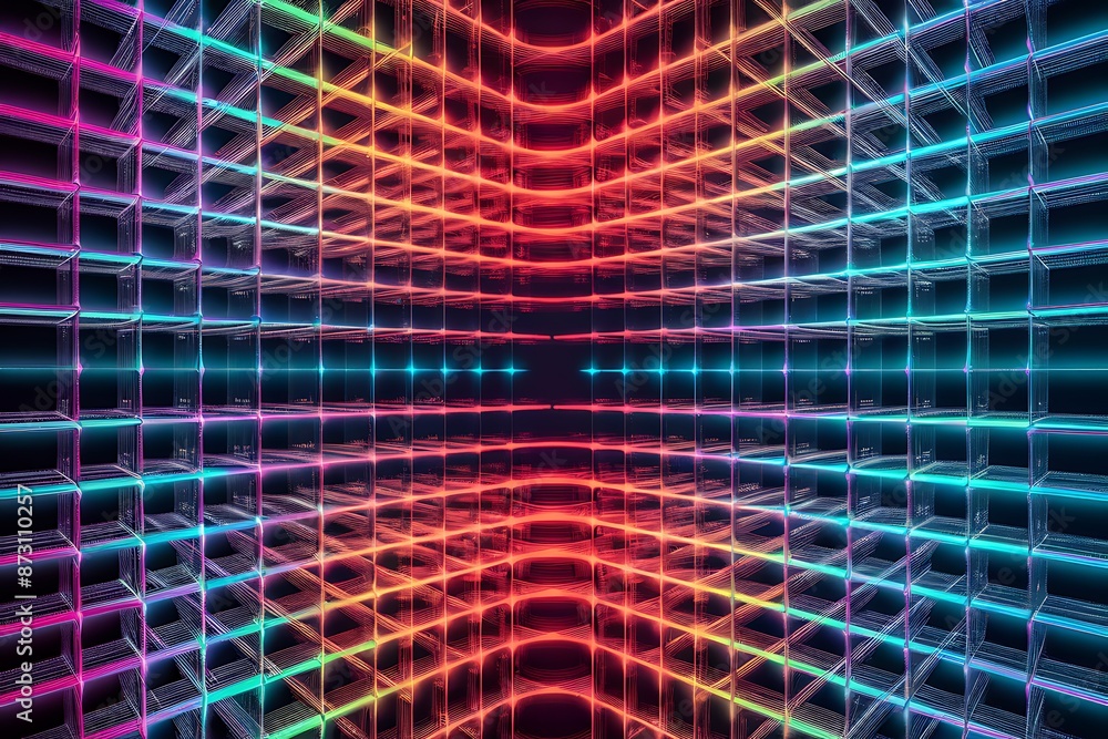 Poster a digital artwork featuring a grid of glowing, neon lines in a colorful, abstract pattern. the lines