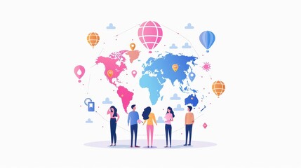 Illustration of diverse people connected globally with map and icons representing communication and globalization.