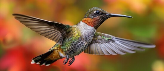Fototapeta premium Hummingbird in Flight Against a Blurry Autumn Background