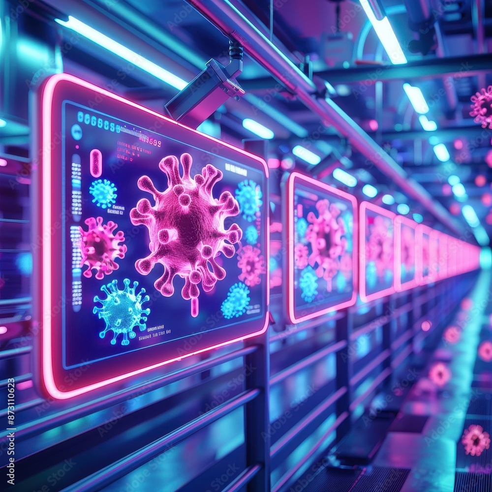 Leinwandbilder futuristic laboratory with digital screens displaying virus models in neon lights, emphasizing techn