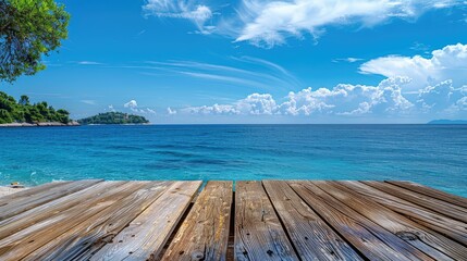 Fototapeta premium Wooden table on the background of the sea, island and the blue sky