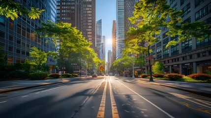 Obraz premium Newyork commercial street, tall buildings on both sides of the road, green trees and flowers along the roadside, wide perspective, clear sky, urban landscape style.