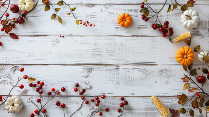 Cozy fall banner featuring pumpkins, red berries, and autumn décor on a rustic white wooden backdrop with plenty of room for text. Perfect for social media posts and website promotions.