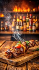 juicy pieces of barbecue with smoke on a wooden background
