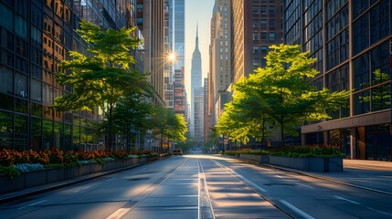Newyork commercial street, tall buildings on both sides of the road, green trees and flowers along the roadside, wide perspective, clear sky, urban landscape style.