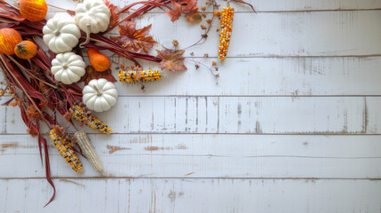 Cozy fall banner featuring pumpkins, red berries, and autumn décor on a rustic white wooden backdrop with plenty of room for text. Perfect for social media posts and website promotions.