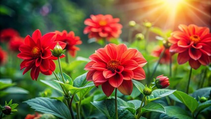 Vibrant red flowers blooming amidst lush green leaves, delicate petals and stems popping against a soft, blurred background.