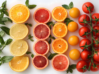 Colorful Citrus Fruits and Tomatoes with Fresh Basil Leaves
