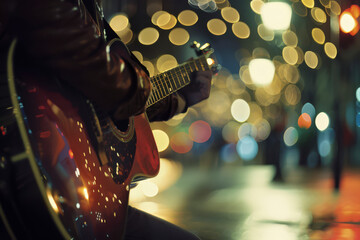 Fototapeta premium Street performer plays guitar at night - shallow focus with blur background