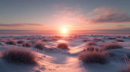 Stunning Winter Sunset Over Expansive Snowy Landscape, Serene Horizon Views, Leisurely Winter Scenery, Peaceful Nature Photography