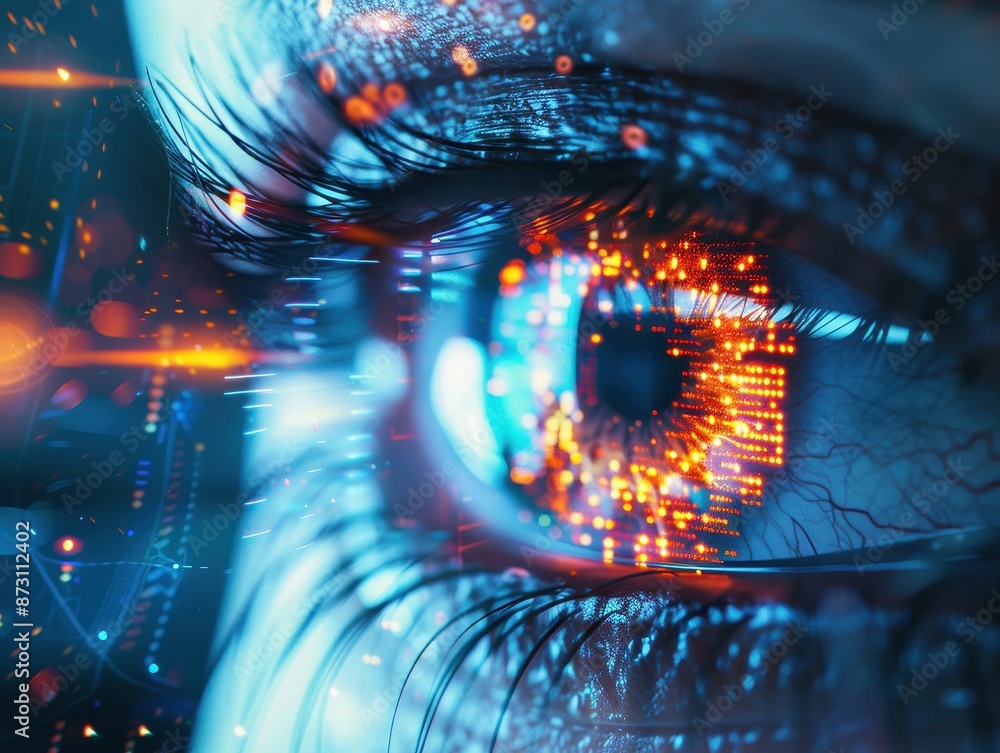 Fototapete close-up of a human eye with a futuristic digital interface overlay, representing technology, innova