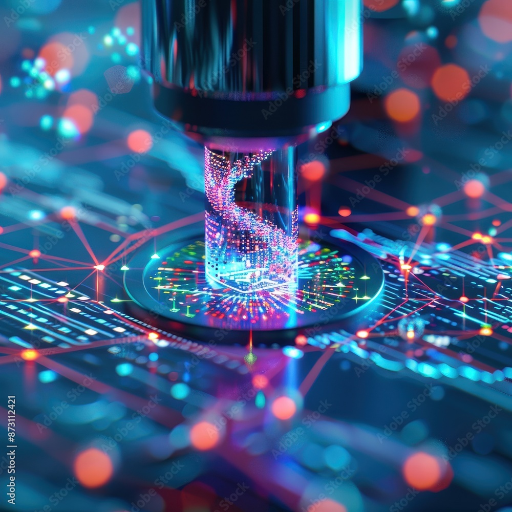 Poster close-up of a high-tech microchip with a holographic design illuminated with vibrant, colorful light