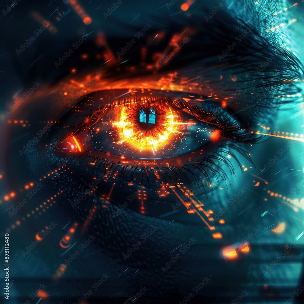 Aufkleber close-up of a futuristic cybernetic eye with glowing digital elements and intricate circuitry for te