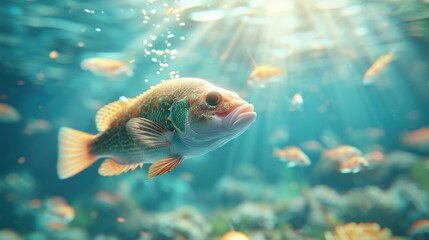 Close-up of a fish swimming underwater, with sunlight filtering through the surface, surrounded by smaller fish in a colorful aquatic habitat.