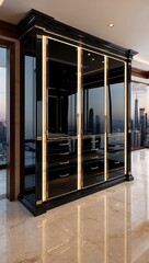A lavish black wardrobe, rendered in 4K resolution, situated in a spacious