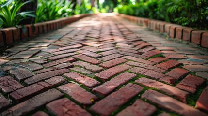 Paved brick path with a herringbone pattern, an example of urban design