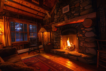 cozy fireplace in a rustic cabin, with dancing flames and warm lighting
