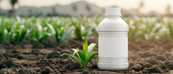 White bottle on rice farm background. the concept of Fertilizer products, bottle as mockup copy space for herbicide, fungicide or insecticide