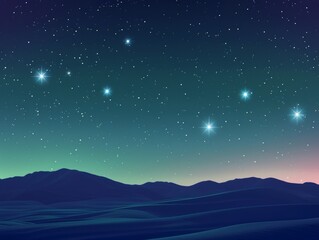 Pleiades star cluster, modern minimalistic graphic illustration of a beautiful night sky with seven shining star on a mountain landscape, blue and green gradient, celebrating the matariki star holiday