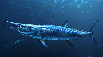 Majestic wahoo fish with sleek body, swimming in the deep sea, powerful, solitary, detailed.