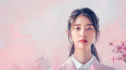 A serene young woman in pastel attire standing against a soft pink background with floral accents, exuding tranquility.