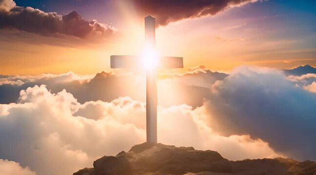 Jesus cross symbol glowing with golden light, floating majestically in an infinite sky background filled with vibrant, swirling colors of sunset and dawn