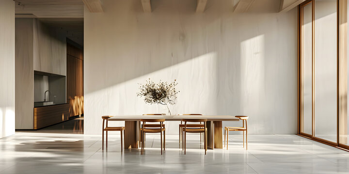 Fototapeta Imagen de un comedor de madera minimalista en una casa amplia y elegante 