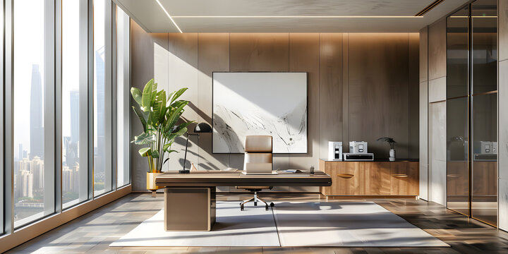 Oficina elegante y minimalista a un lado de una ventana en un edificio elegante 