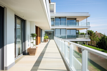 Fototapeta premium A spacious balcony with white glass railings.