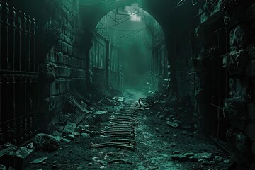 A dark and eerie abandoned alleyway with broken bricks, debris, and mist, under a desolate archway creating a haunting atmosphere.