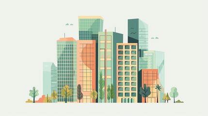 Green Buildings flat design side view architecture theme cartoon drawing colored pastel