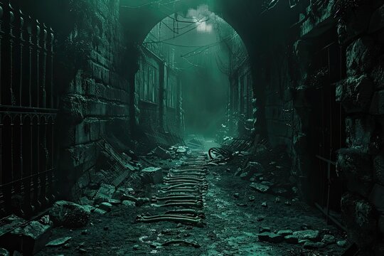 A dark and eerie abandoned alleyway with broken bricks, debris, and mist, under a desolate archway creating a haunting atmosphere.