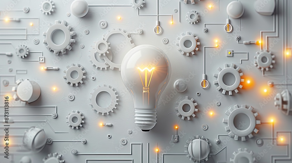 Poster a conceptual image featuring a lit light bulb surrounded by interconnected gears and circuits, symbo