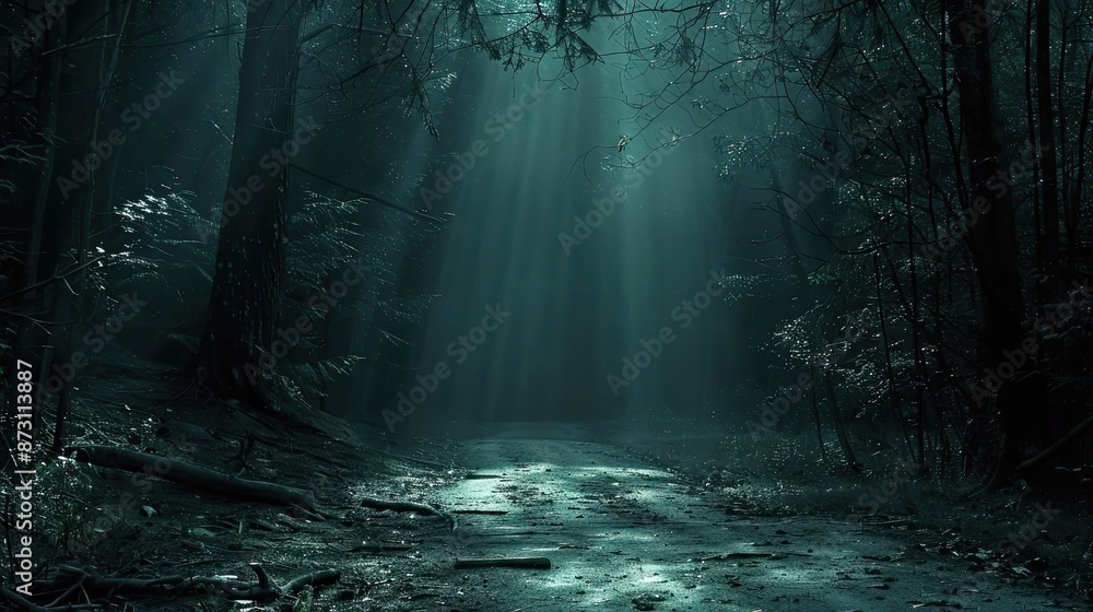 Aufkleber eerie forest path at dawn with sunlight filtering through tall trees, creating a mysterious and atmo