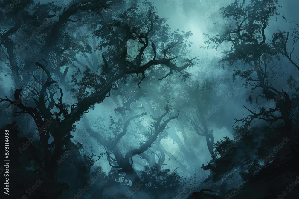 Poster a mysterious and eerie forest shrouded in mist, with twisted trees creating an otherworldly and atmo