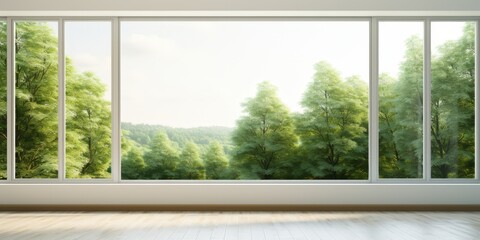 Naklejka premium Spacious room with a window overlooking green forest