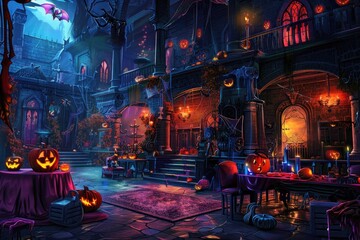 Fototapeta premium Spooky haunted mansion decorated for Halloween with glowing jack-o'-lanterns, eerie lighting, and a mysterious, festive atmosphere at night.