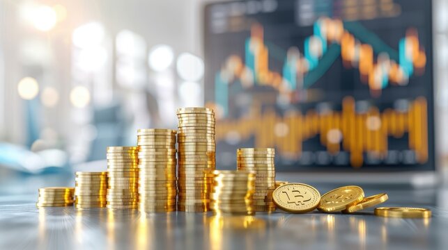Stacks of shiny gold bitcoin coins arranged in front of a blurred financial chart background, symbolizing cryptocurrency and financial markets
