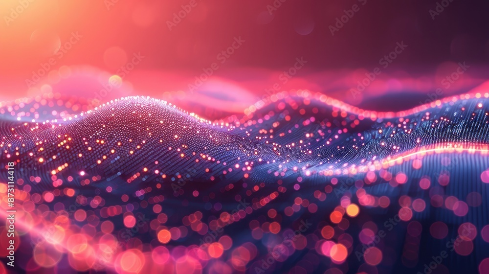 Poster a mesmerizing digital wave composed of glowing dots and lines, set against a gradient background, re