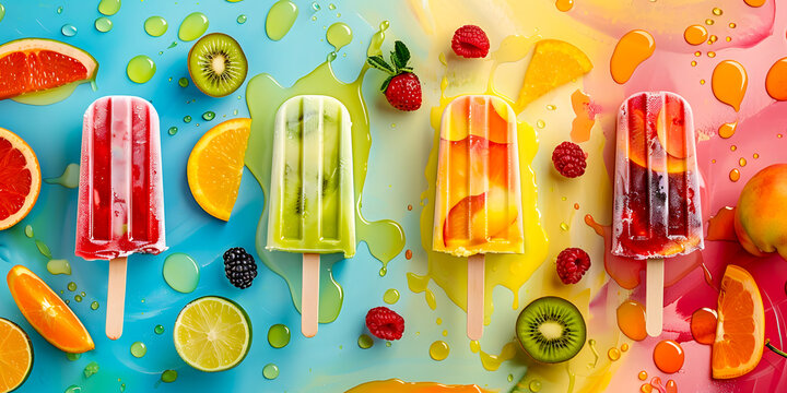Toma cenital de paletas de sabores frutales de hielo ideal para refrescante en verano en un fondo de un degradado de colores y frutas al fondo 