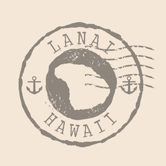 Fototapeta premium Stamp Postal Lanai island. Map Silhouette rubber Seal. Design Retro Travel. Seal Map Lanai of Hawaii grunge for your design. EPS10
