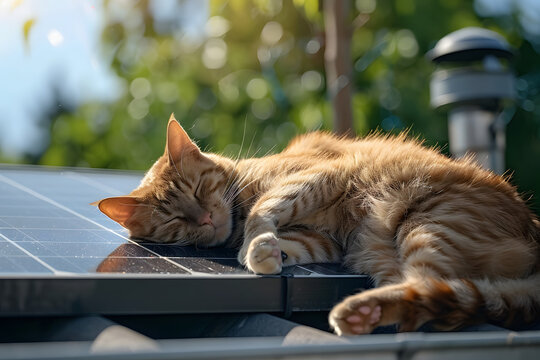 the cat and the solar panel battery on the roof.