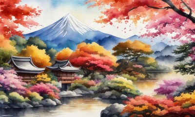 Fototapeta premium Mystical landscape where a Large Arched Bridge spans a Vivid Mirror like pond surrounded by vibrant flowers of all colors and vibrant twisted trees of red and green sunbeams breaking through