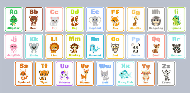 A collection of alphabet cards featuring animals. The cards are arranged in alphabetical order, with each letter having a different animal. The animals include a bear, cat, dog, giraffe