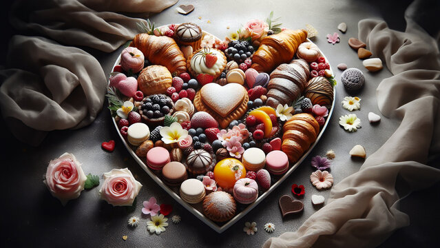 A delightful assortment of cakes and pastries beautifully decorated for Valentine&rsquo;s Day, perfect for celebrating love and romanc
