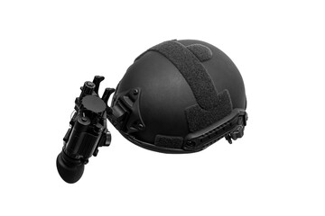 Night vision device attached to the helmet. A special device for observing in the dark. Equipment for the military, police and special forces.  Isolate on a white background.