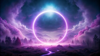 Ethereal misty fog envelops a radiant purple circle, emitting a mesmerizing luminescent glow in a dark, mystical, and futuristic atmosphere.
